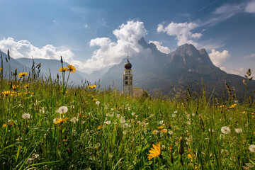 Meadow flower field with an old church seen in far against the blue sky with clouds