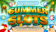 summer slots 3d editable text effect with chip illustration and sea landscape background