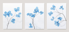 Art Background With Blue Flowers On A Watercolor Texture. Botanical Triptych With Floral Bouquet In Minimalist Style For Wall Decor, Invitations, Poster
