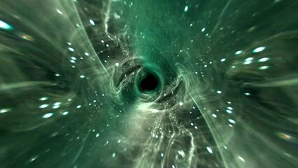 Wall Mural - space fly to grunge green cloud wormhole tunnel through space time vortex loop background. 4k 3d ren