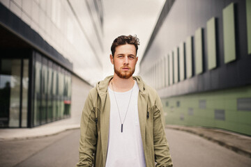 Shallow focus shot of a handsome young Caucasian man posing outdoors