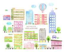 Watercolor Vector Hand Drawn Buildings And Houses Illustration