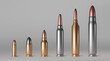 Bullet cartridges, ammunition for gun, rifle, pistol and firearm weapons. Vector realistic set of 3d brass, copper and metal ammo, slugs and shells different calibers