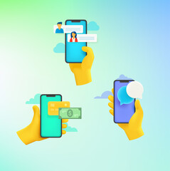 Aufkleber - Icons with smartphone. Messaging, Commerce, chat. Comic 3d style vector illustration