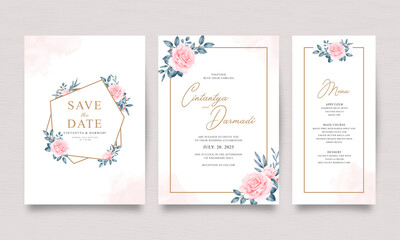 Set of wedding invitation templates with watercolor roses and leaves decoration