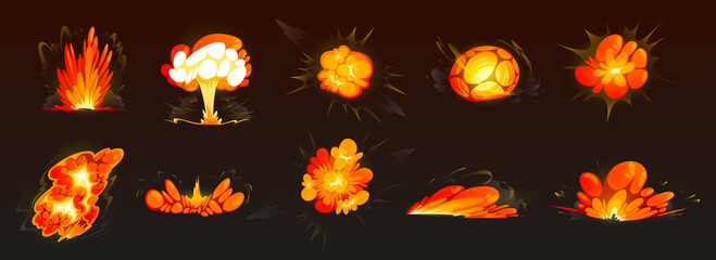 bomb explosions, fire bursts and atomic mushroom cloud isolated on black background. vector cartoon 
