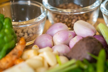 Closeup Picture Of Food's Ingredients Focus On Shallot And Other Thai Spicies.