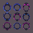 Futuristic frames of black metal border for avatar in game interface with level or grade. Vector cartoon set of gui elements in sci fi style, empty frames with blue and pink glow