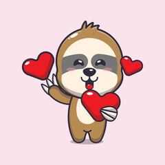 Wall Mural - cute sloth cartoon character holding love heart in valentines day