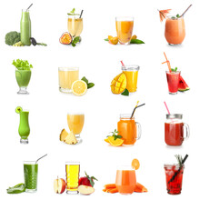 Set Of Healthy Colorful Juices On White Background