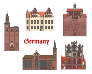 Wall Mural - Germany, Tangermunde, Stendal and Havelberg buildings, vector architecture landmarks. Germany Saxony Anhalt architecture of St Nicolas Church or Sankt Nikolaus Dom, Saint Stephan kirche and Rathaus