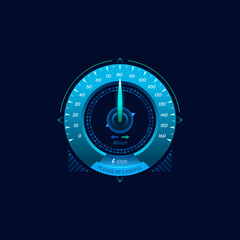 Aufkleber - Car speedometer futuristic dial gauge. Neon led futuristic speed meter. Electric vehicle speedometer interface, speed meter digital indicator or odometer vector gauge with arrow, energy charge level