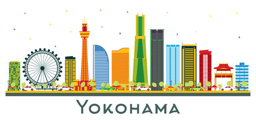 Wall Mural - Yokohama Japan City Skyline with Color Buildings Isolated on White.