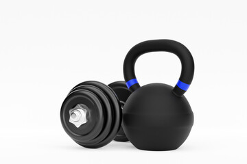 Wall Mural - 3D illustration  metal black  dumbbell with  weight on   white background. Fitness and sports equipment