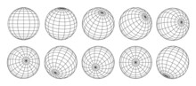 3d Globe Grid, Planet Sphere And Ball Wireframe. Vector Earth Globe Surface With Discrete Global Grid Or Mosaic Of Longitude And Latitude Meridians And Parallels, Isolated World Map Wire Frame Net