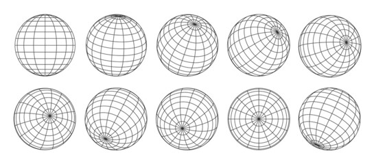 Wall Mural - 3d globe grid, planet sphere and ball wireframe. vector earth globe surface with discrete global gri