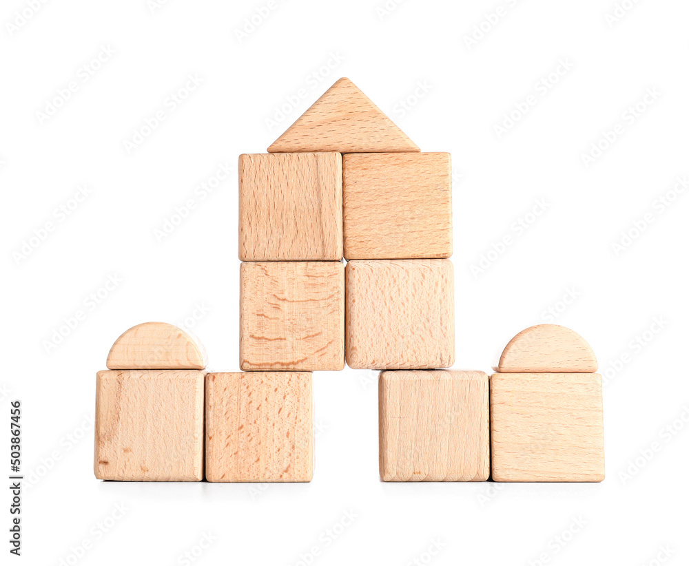 Wooden cubes and blocks on white background