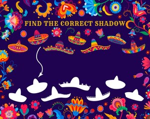 Poster - Find the correct shadow kids game worksheet with mexican sombrero hats. Kids puzzle, intelligence exercise with matching activity. Kindergarten children quiz vector worksheet with mexican motif