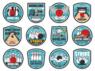 Bowling club vector icons. Skittles and ball on alley, sport and leisure game recreation center. Bowling lane and shoes rentals and kid league party service. Sports tournament isolated emblems set