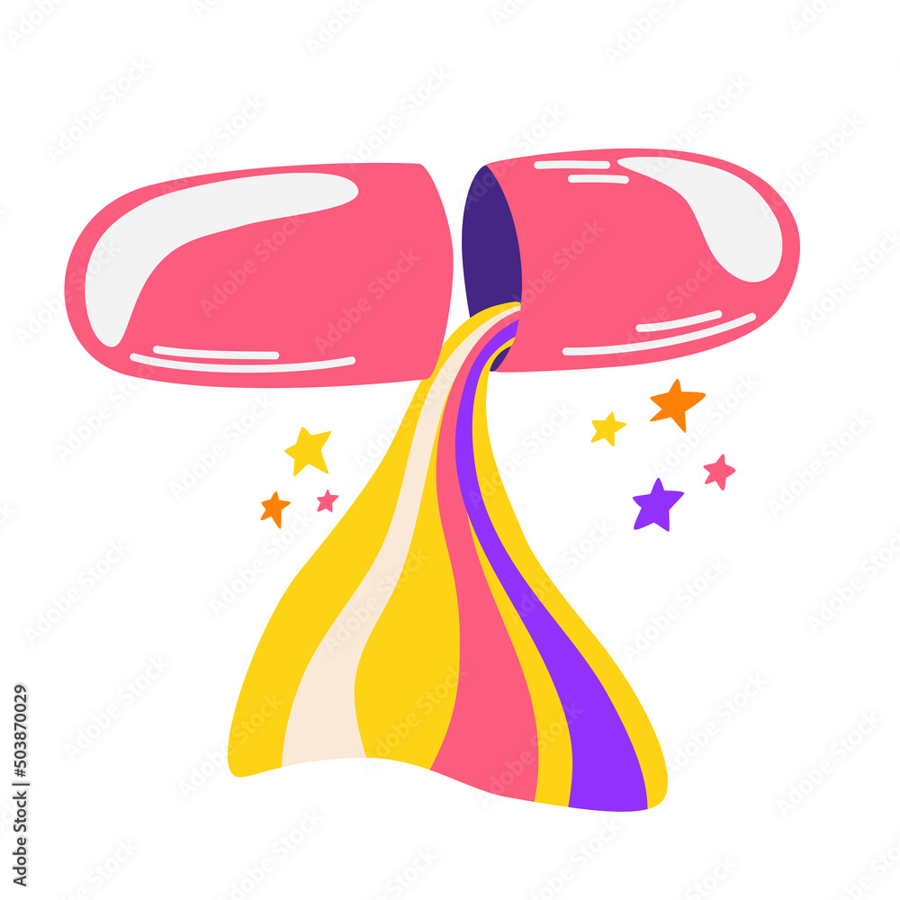 Rainbow pill. Funny sticker with a pill and a rainbow. Drug trip style.  Hippie. Bright psychedelic. For printing clothes stickers, logo. Vector  cartoon illustration isolated on the white background. Stock Vector |, image size:1000x1000