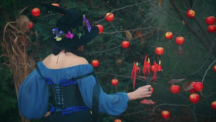 Wall Mural - Back rear view medieval fantasy woman witch holds old candlestick in hand, candles burning, wax. Girl in Blue vintage Halloween dress, black cone hat. Backdrop nature autumn forest, red fruits apples