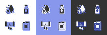 Set Canister For Gasoline, Oil Drop With Dollar Symbol, Broken Oil Pipe Valve And Petrol Test Tube Icon. Vector