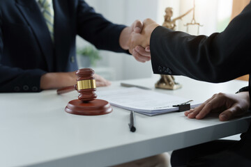 Wall Mural - Law, consultation, agreement, contract, lawyer or attorney shakes hands to agree on the client's offer to be hired to fight the parties in court.