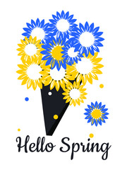 Canvas Print - Hello Spring. Bouquet with yellow and blue sunflowers on a white background. Vector.