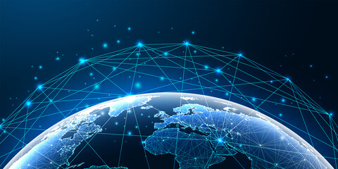 Wall Mural - Futuristic global network concept with glowing planet earth map and connection lines on dark blue 