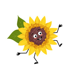 Wall Mural - Sunflower character with happy emotion, joyful face, smile eyes, arms and legs. Plant person with funny expression, yellow sun flower emoticon. Vector flat illustration