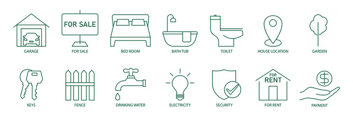 Canvas Print - real estate icon set vector illustration garage, far sale, bedroom, bathtub, toilet, house location,