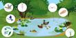 Ecosystem of pond with different animals (birds, insects, reptiles, fishes, amphibians, protozoa) in their natural habitat. Schema of pond ecosystem structure for biology lessons
