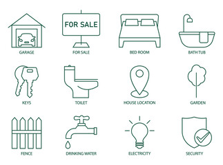 Poster - real estate icon set vector illustration Garage, far sale, bedroom, bathtub, toilet, house location, garden, keys, fence, drinking water, electricity, security