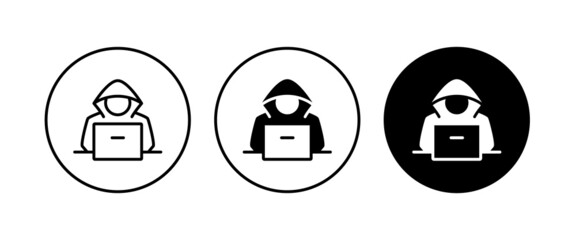 computer hacker with laptop icon, spy agent searching sign, symbol, logo, illustration, editable str