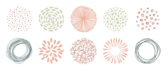 Set of circle doodle textutes. Vector hand drawn abstract patterns, lines and dots. Freehand drawing for design.