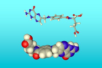 Molecular models of folic acid, vitamin B9. Atoms are represented as spheres with color coding: oxygen (red), nitrogen (blue), hydrogen (white), carbon (gray). 3d illustration