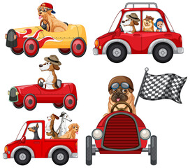 Sticker - Dogs in different red cars set