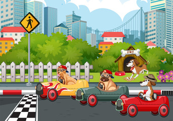 Wall Mural - A group of different pet driving car on park street