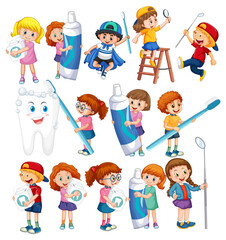 Sticker - Set of happy kids holding dental cleaning equipment on white background