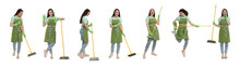 Collage With Photos Of Beautiful Young Woman With Broom On White Background. Banner Design