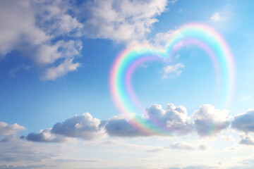 Wall Mural - beautiful view of heart shaped rainbow and white clouds in blue sky on sunny day