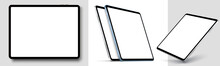 Blank Screen Realistic Tablet Frame, Rotated Position, Side View, Top View. The Tablet Is At Different Angles. Layout Of A Universal Set Of Devices. UI, UX Template For Infographics Or Presentation.