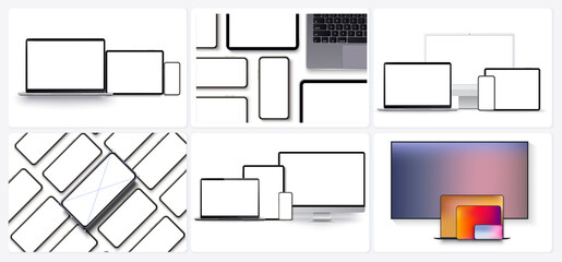 Aufkleber - A large set of modern devices from phones, laptops and tablets consisting of different compositions. Isolated realistic gadget layouts. Mock up for display web site or app design. Vector Illustration