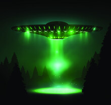 Realistic UFO, Unidentified Flying Object. Alien Space Ships With Green Light Beam, Smoke And Sparkles. Mystical Green Background