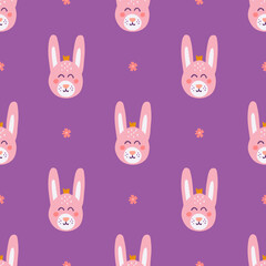 Wall Mural - Cute rabbit face on purple background, vector seamless pattern