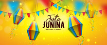 Festa Junina Illustration With Party Flags And Paper Lantern On Yellow Background. Vector Brazil June Sao Joao Festival Design With 3d Lettering For Greeting Card, Banner, Invitation Or Holiday Poster