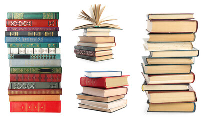 Wall Mural - Collection of different hardcover books on white background