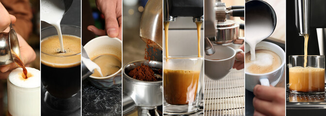 Poster - Beautiful collage with different photos of aromatic coffee. Banner design