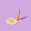 Summer creative layout with melting ice cream cone upside down and rubber duck toy on pastel purple background. 80s or 90s retro fashion aesthetic ice cream concept. Minimal summer idea.