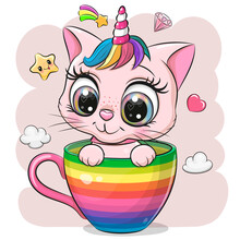 Cartoon Pink Kitten With The Horn Is Sitting In A Rainbow Cup
